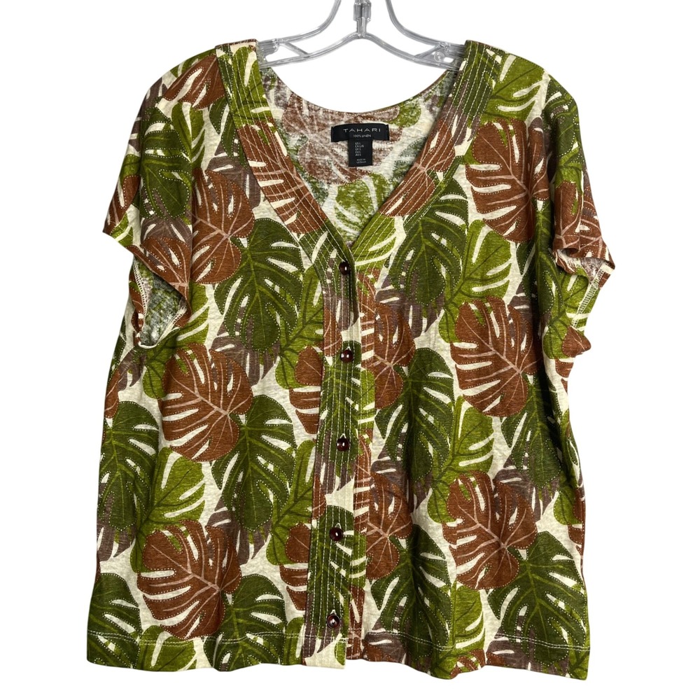 Tahari 100% Linen Top Womens L Green Brown Leaf V Neck Tropical Summer Beach